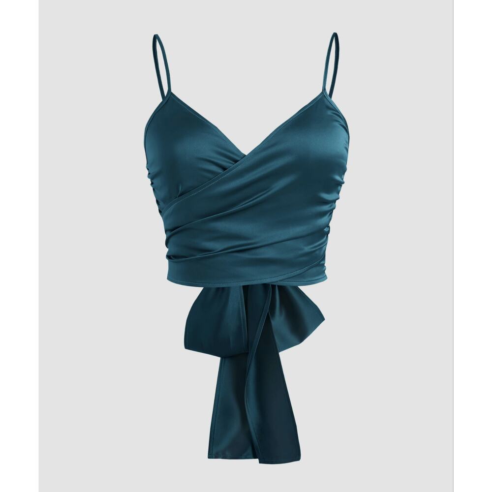 Sz 8 NWT Cider Wrap Blouse Blue Satin Cross Front Tie Back Crop Tank Top